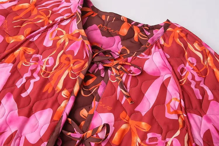 Ribbon Print Quilted Tie Front Jacket - Red - 14