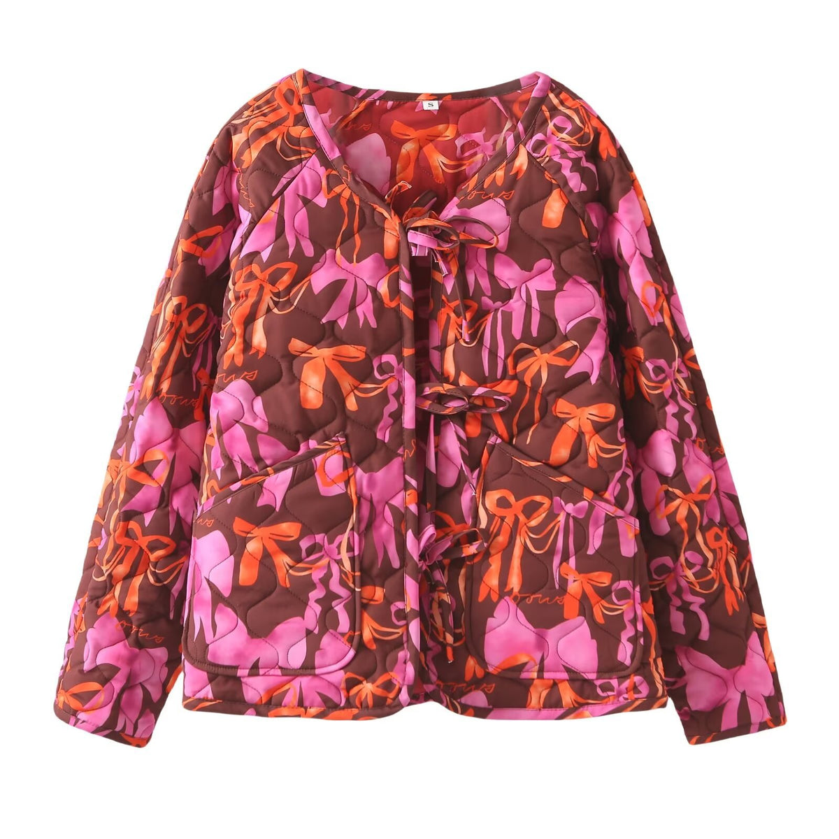 Ribbon Print Quilted Tie Front Jacket - Red - 2