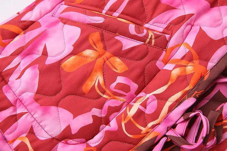 Ribbon Print Quilted Tie Front Jacket - Red - 4