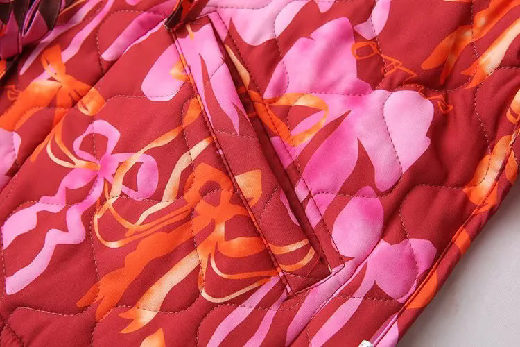 Ribbon Print Quilted Tie Front Jacket - Red - 5