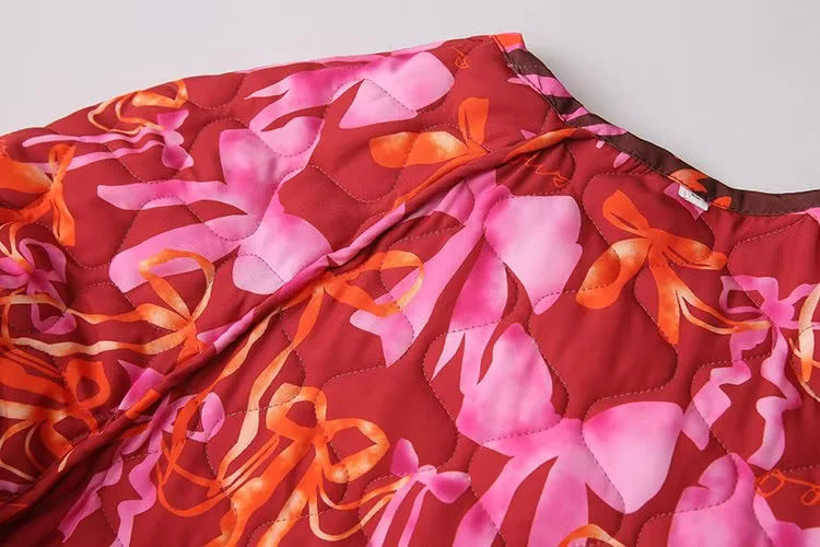 Ribbon Print Quilted Tie Front Jacket - Red - 7