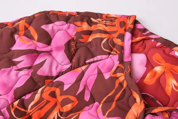 Ribbon Print Quilted Tie Front Jacket - Red - 9