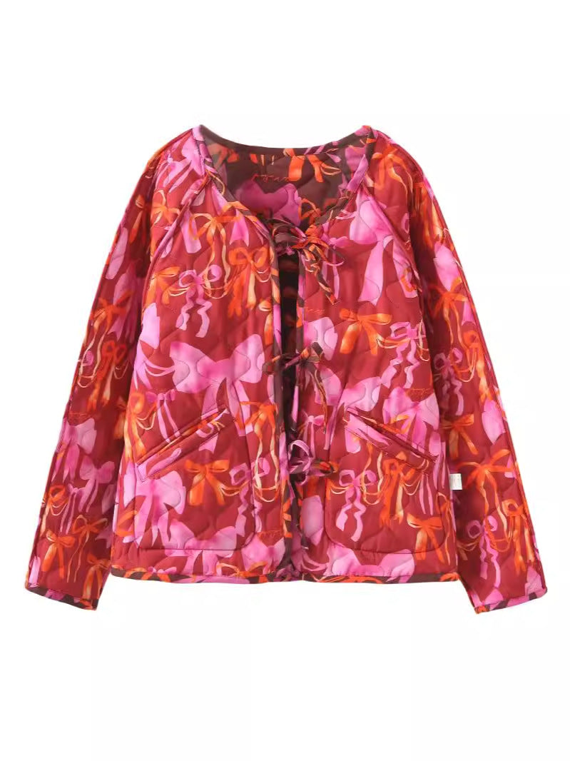 Ribbon Print Quilted Tie Front Jacket - view 1