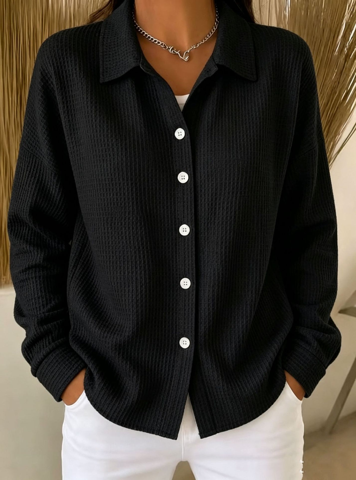 Relaxed Waffle Knit Button Up Shirt - Black