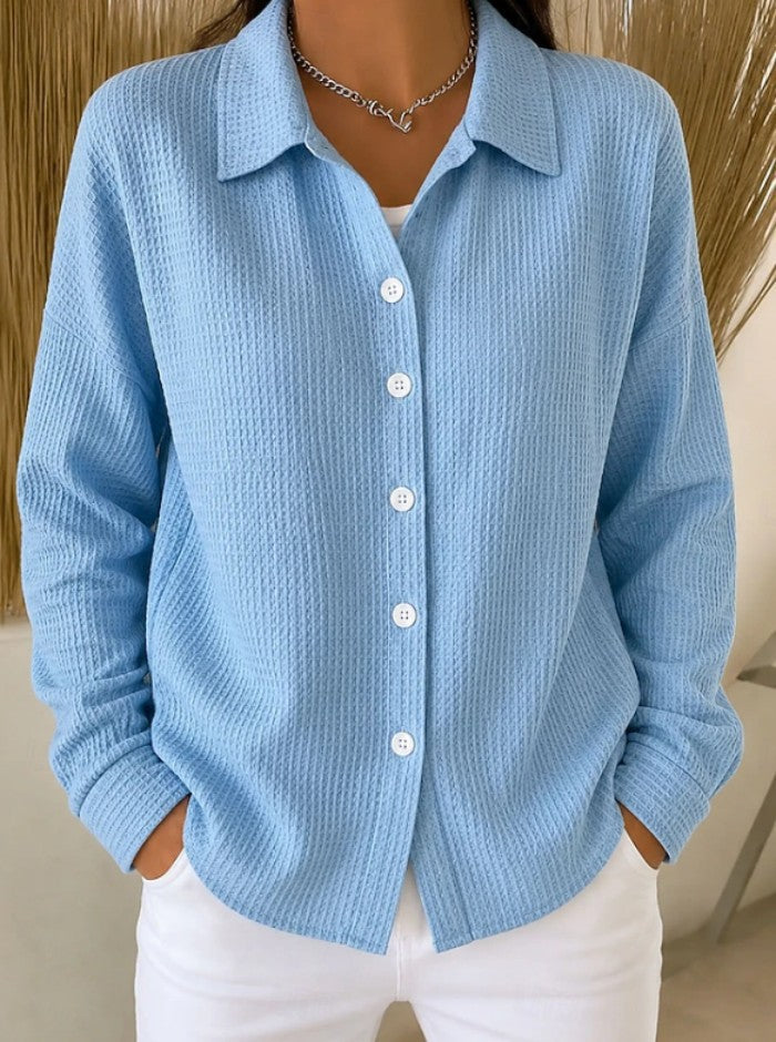 Relaxed Waffle Knit Button Up Shirt - Blue