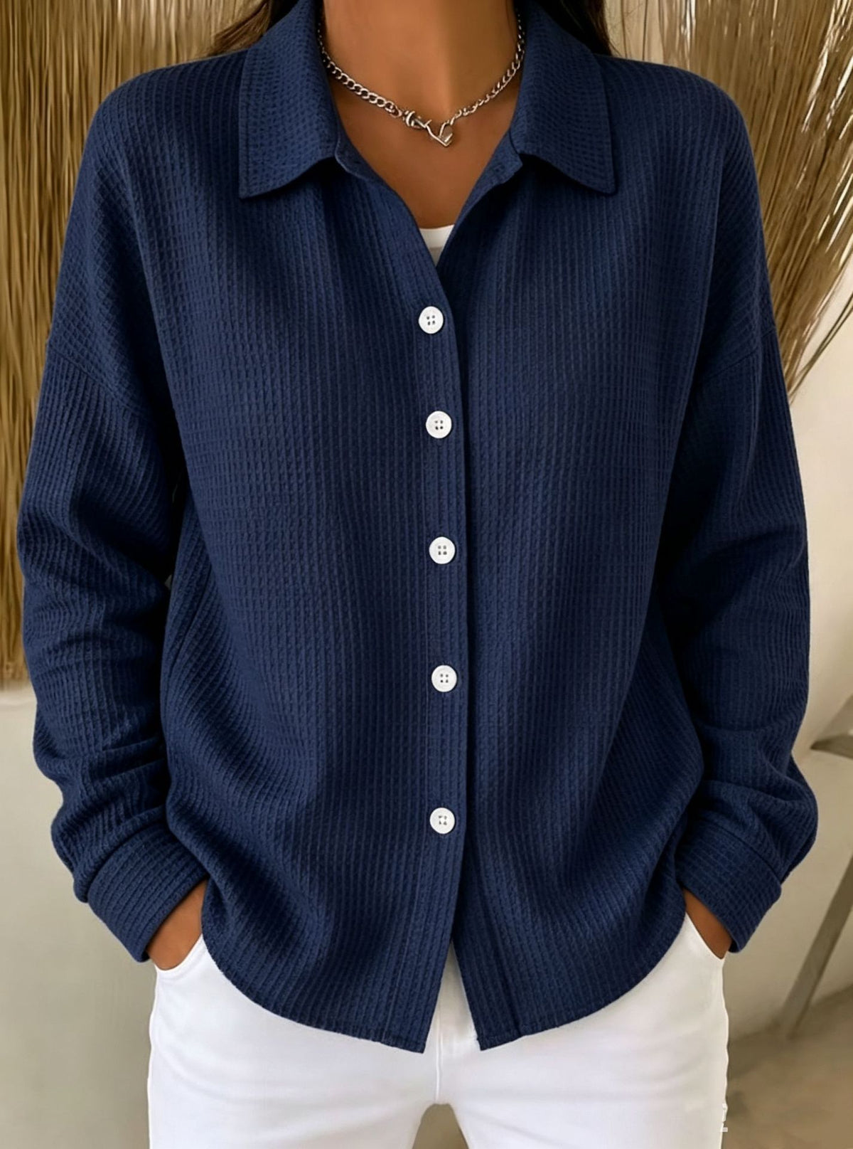 Relaxed Waffle Knit Button Up Shirt - Navyblue