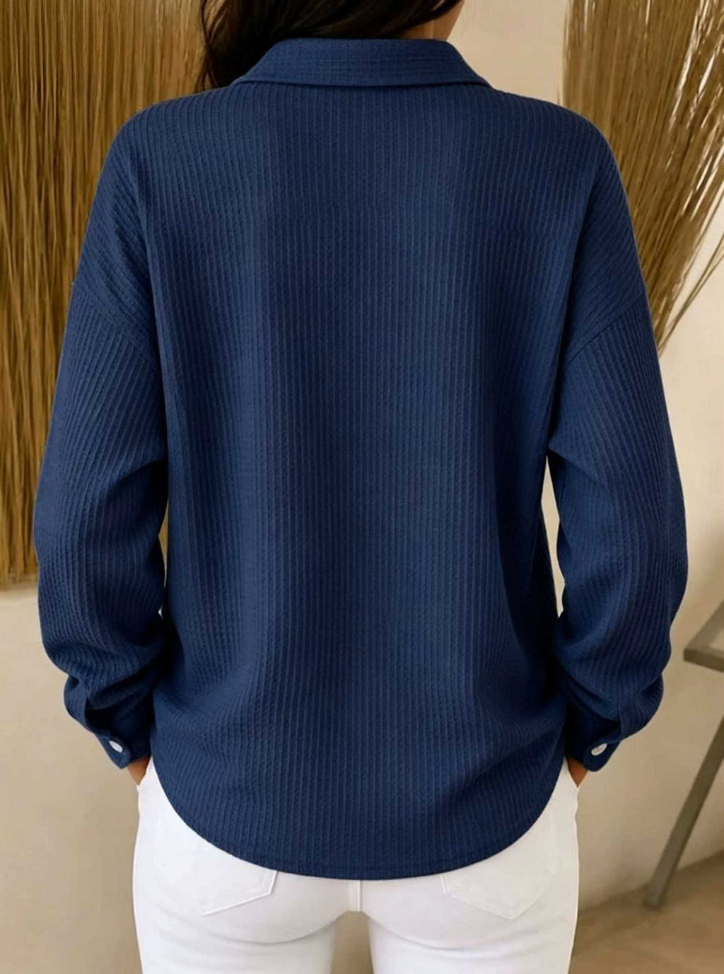 Relaxed Waffle Knit Button Up Shirt - Navyblue - 1