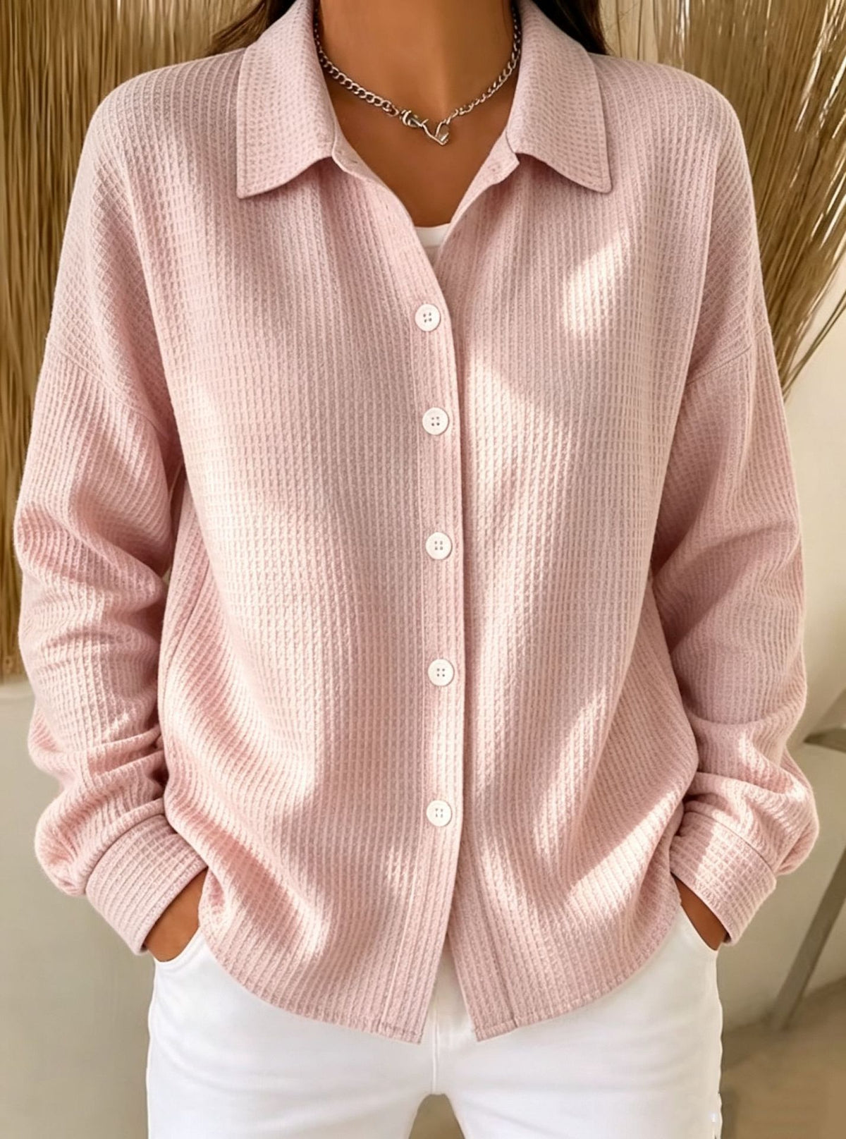 Relaxed Waffle Knit Button Up Shirt - Pink
