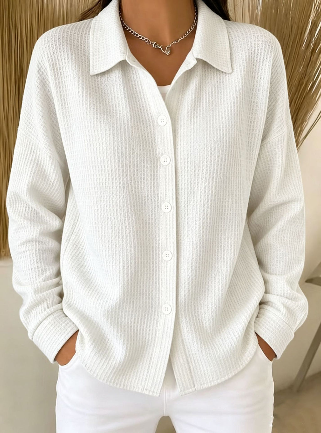 Relaxed Waffle Knit Button Up Shirt - White