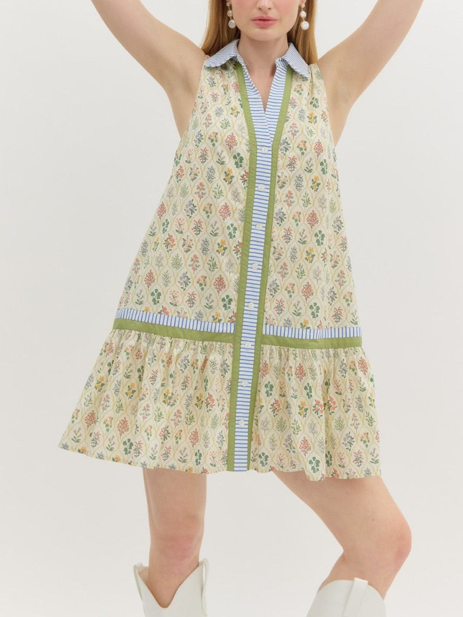 Boho Floral Ruffle Hem Mini Dress - Green