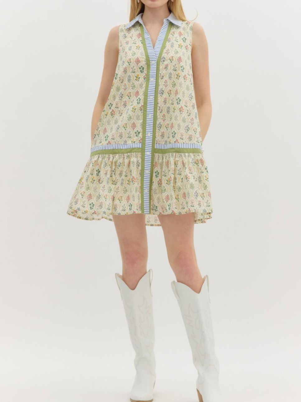 Boho Floral Ruffle Hem Mini Dress - Green - 1