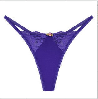 Floral Lace Rosette Trim Low Rise Thong - Royal Blue