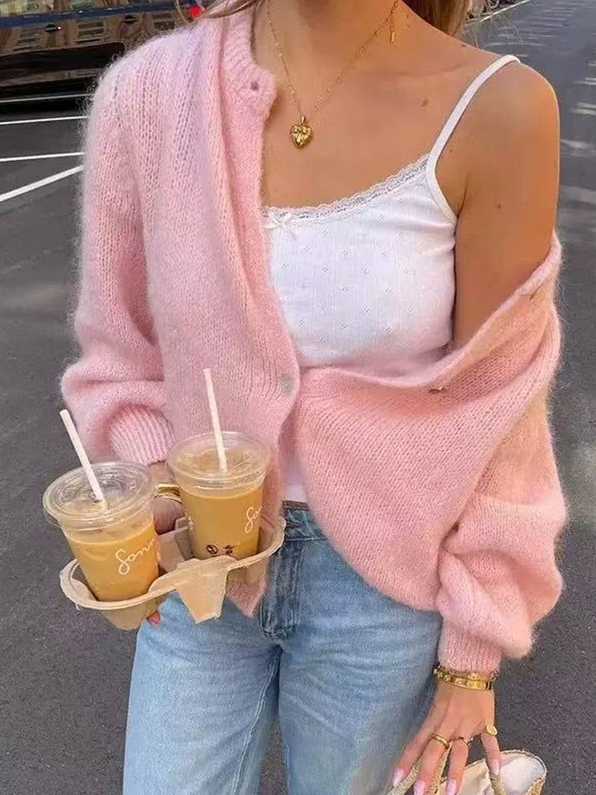 Cropped Button Front Fuzzy Knit Cardigan - Pink