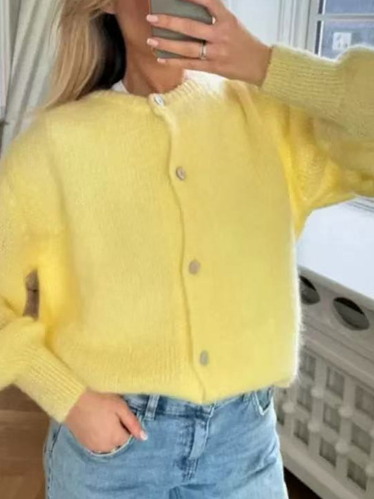 Cropped Button Front Fuzzy Knit Cardigan - Yellow