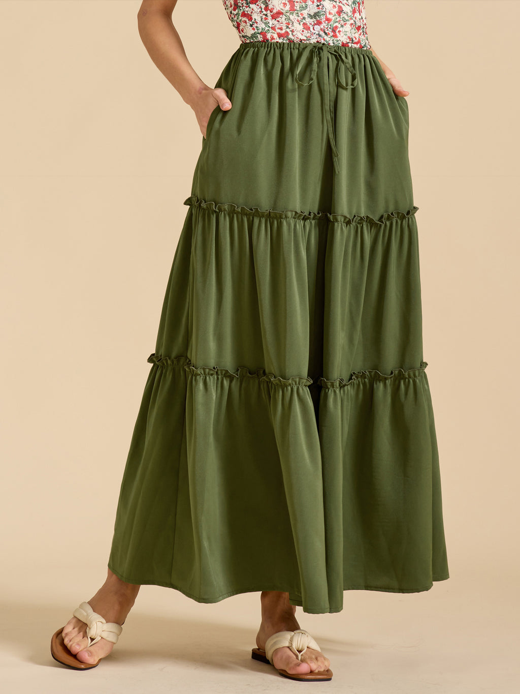 Ditsy Floral Tiered Boho Maxi Skirt - Green - 1
