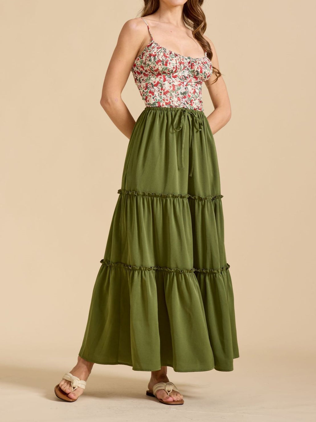 Ditsy Floral Tiered Boho Maxi Skirt - Green - 3