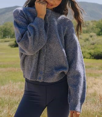 Cropped Round Neck Button Up Cardigan - DarkGray - 2