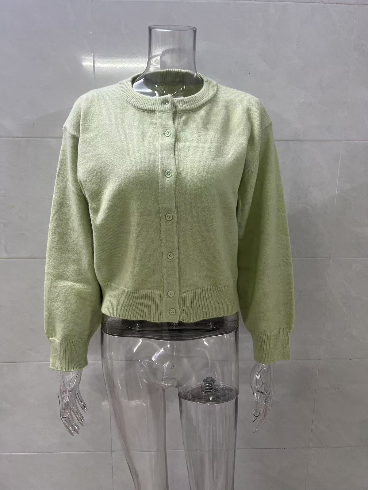 Cropped Round Neck Button Up Cardigan - Green