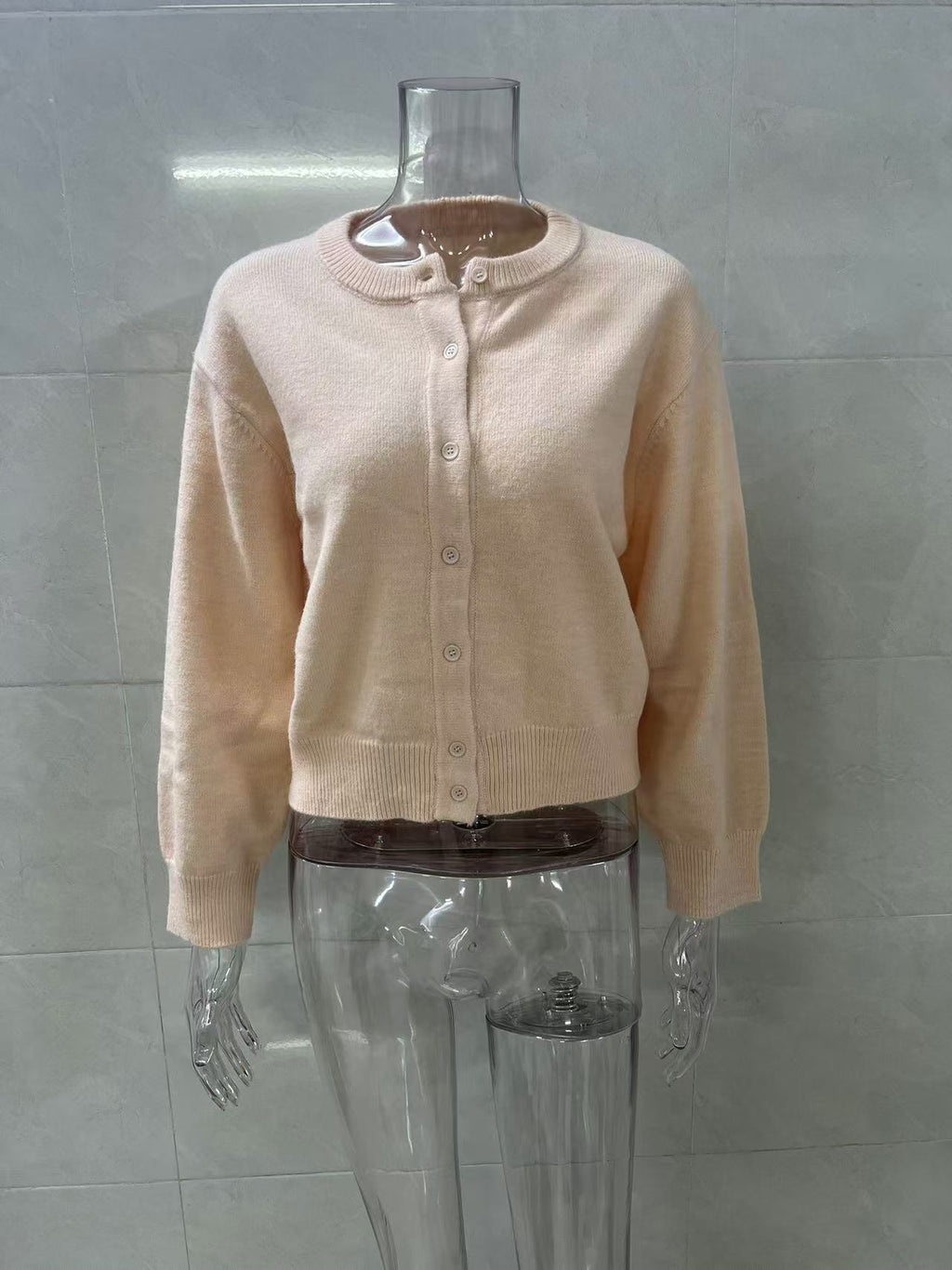 Cropped Round Neck Button Up Cardigan - Pink