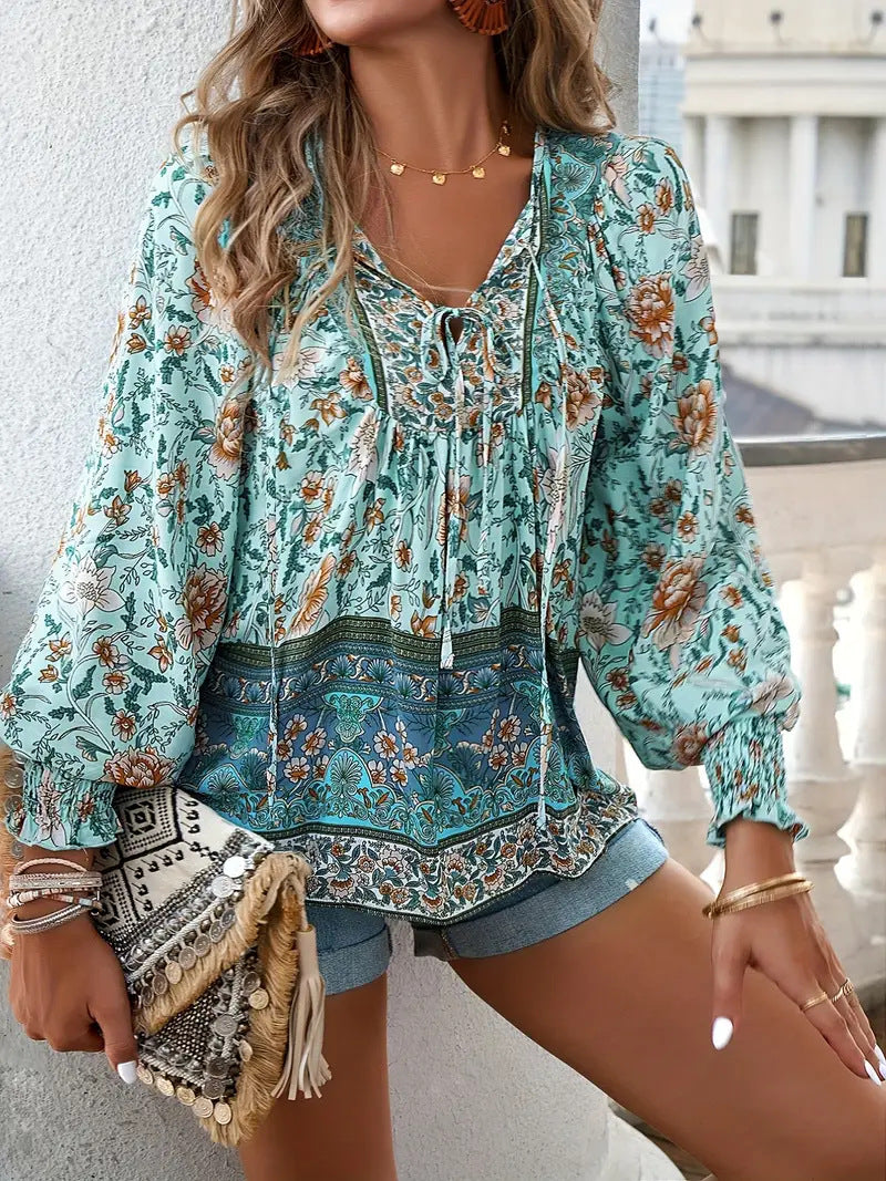 Boho Floral Balloon Sleeve Peasant Blouse - Green