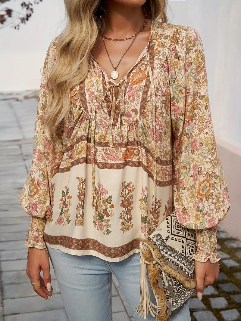 Boho Floral Balloon Sleeve Peasant Blouse - LightYellow
