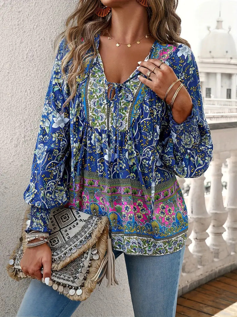 Boho Floral Balloon Sleeve Peasant Blouse - Navy