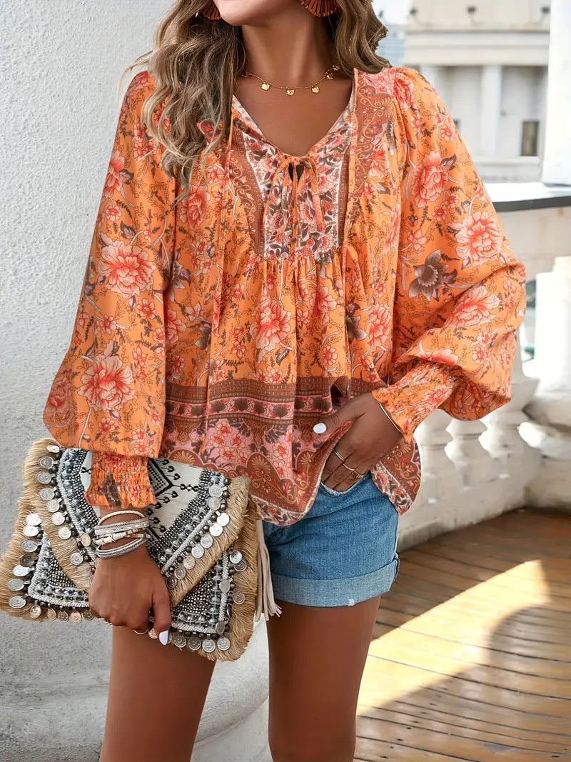Boho Floral Balloon Sleeve Peasant Blouse - Orange