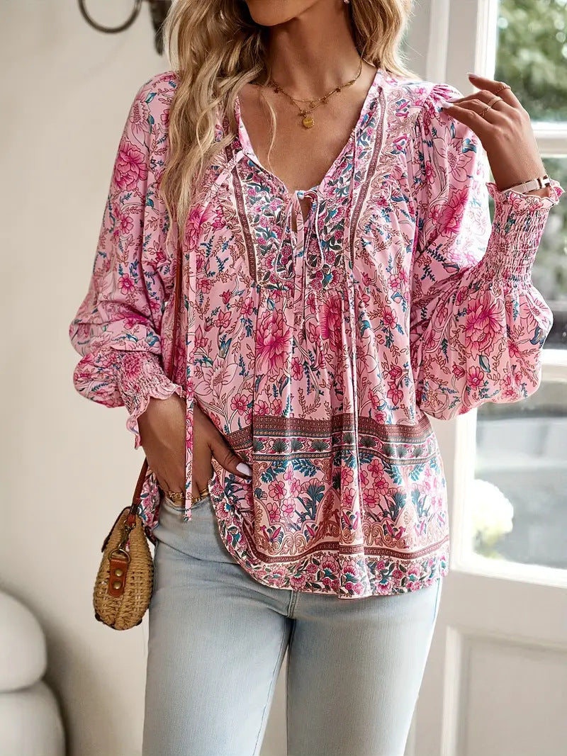 Boho Floral Balloon Sleeve Peasant Blouse - Rose