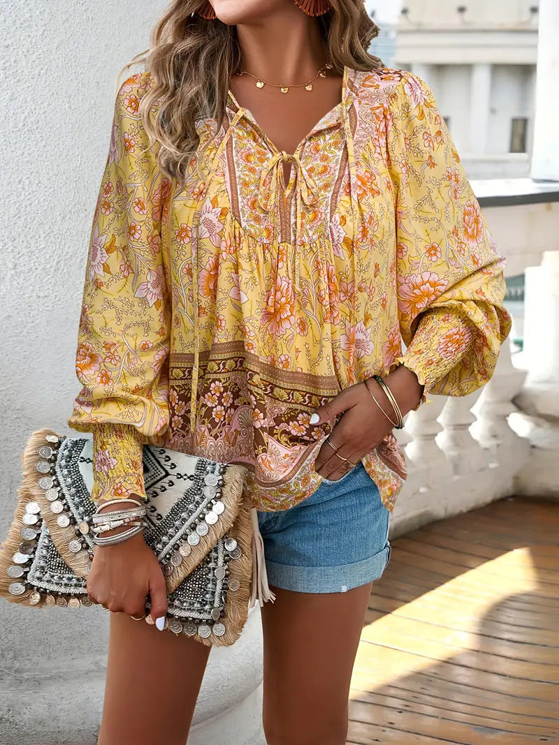 Boho Floral Balloon Sleeve Peasant Blouse - Yellow
