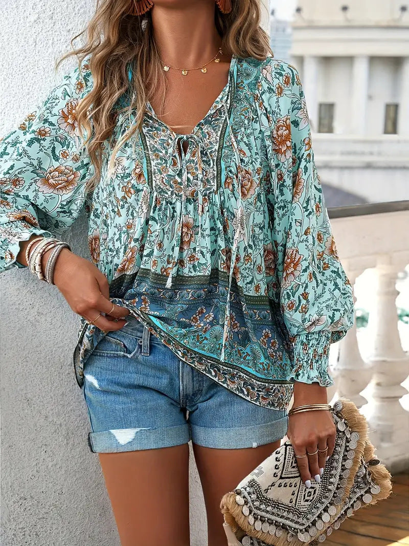 Boho Floral Balloon Sleeve Peasant Blouse