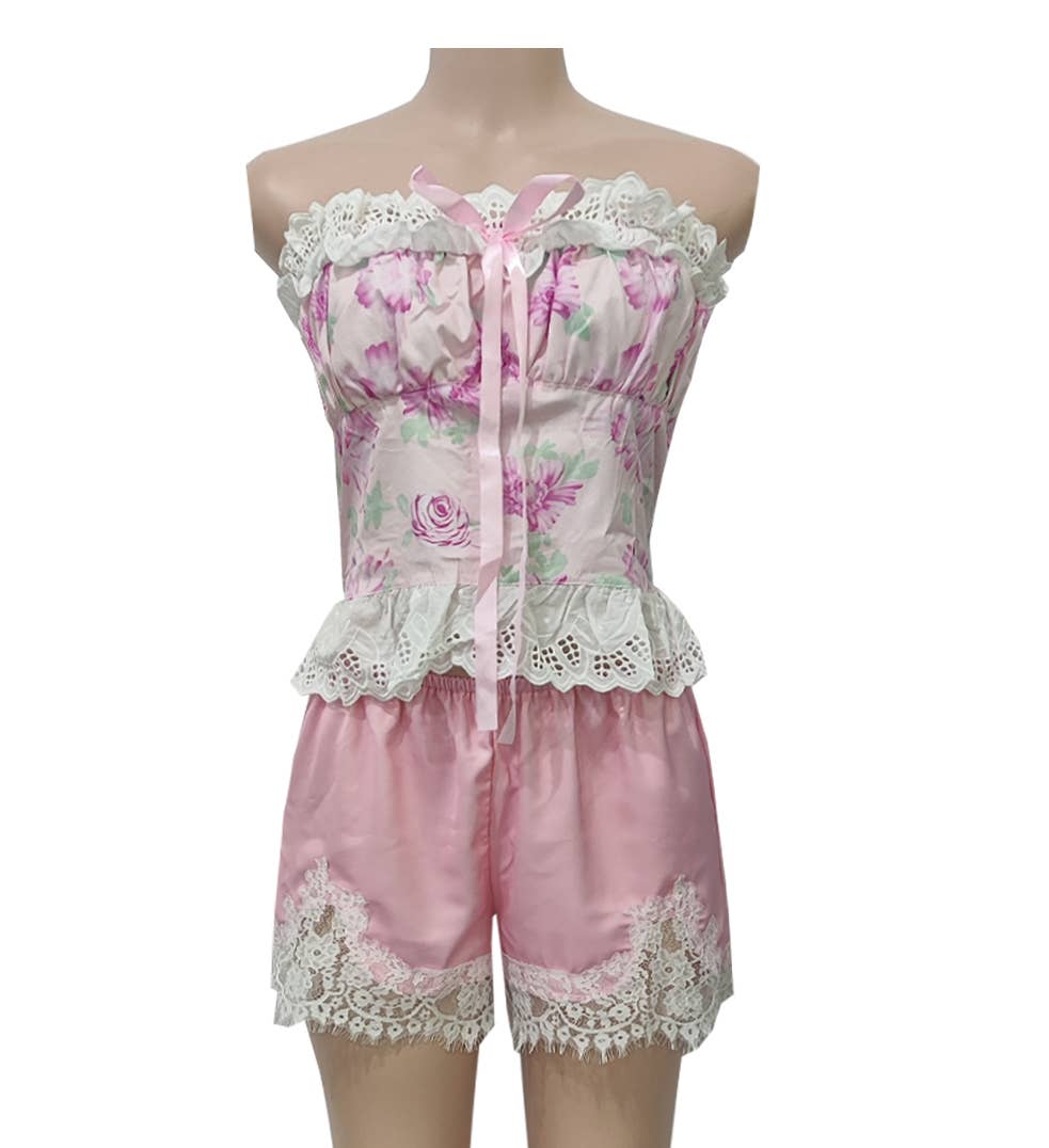 Floral Lace Trim Strapless Corset Top