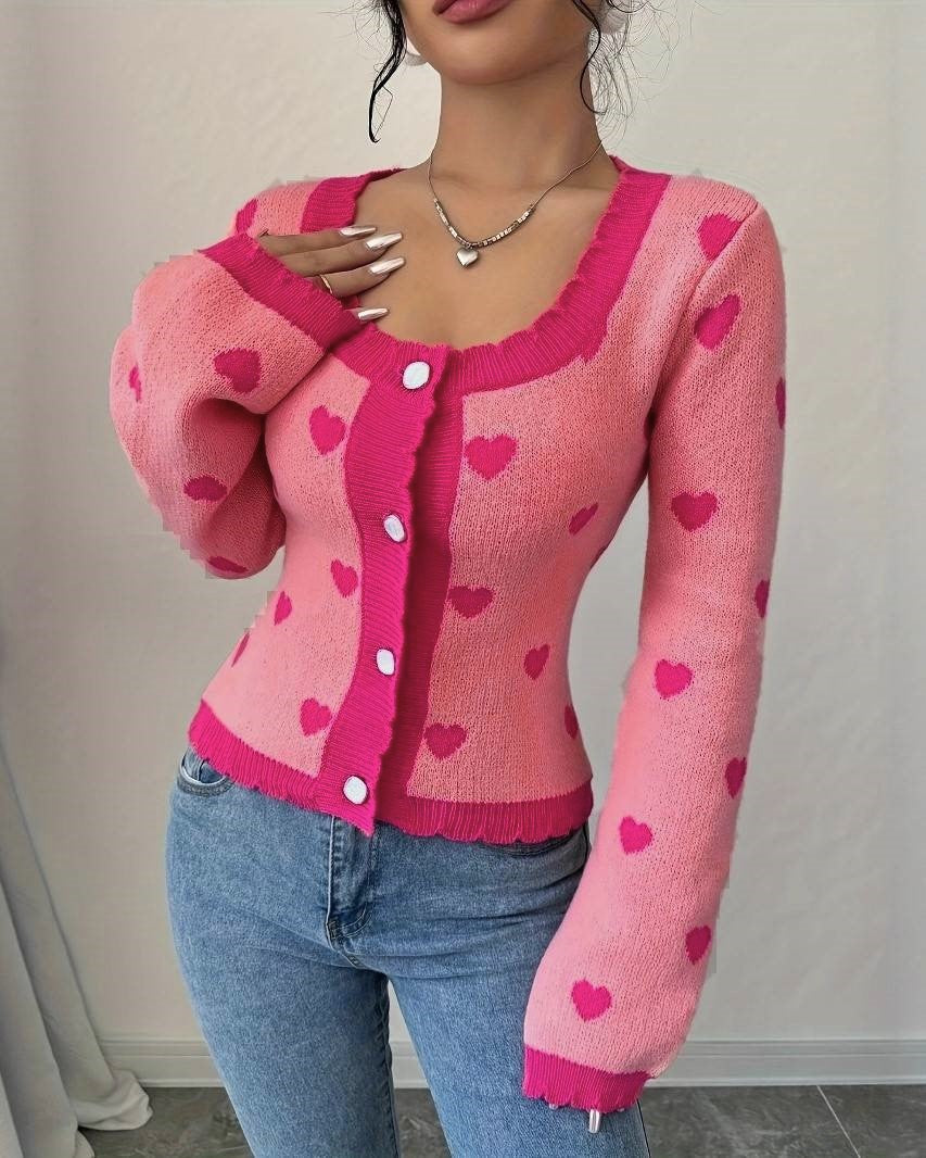 Heart Jacquard Fitted Button Front Cardigan - Pink