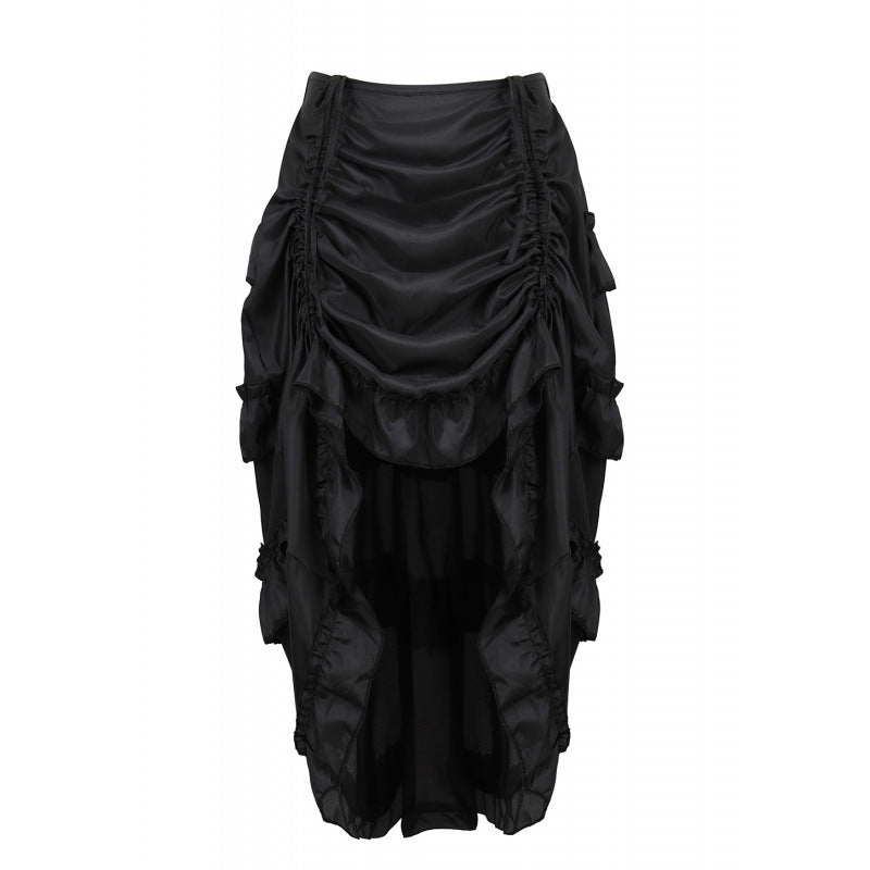 Ruched Cascade Ruffle High Low Midi Skirt - Black