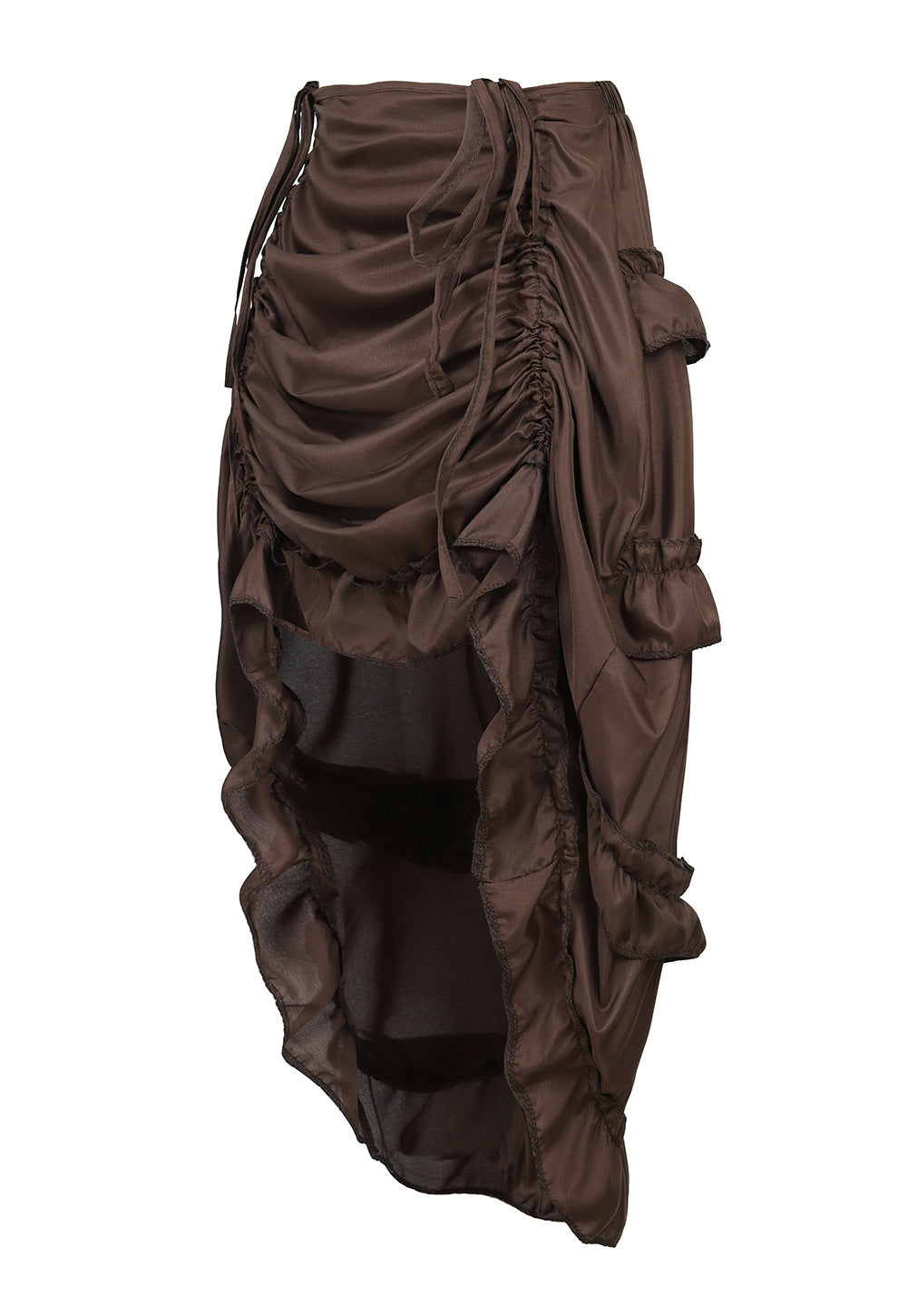 Ruched Cascade Ruffle High Low Midi Skirt - Brown