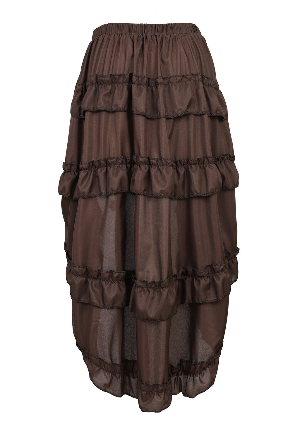 Ruched Cascade Ruffle High Low Midi Skirt - Brown - 1