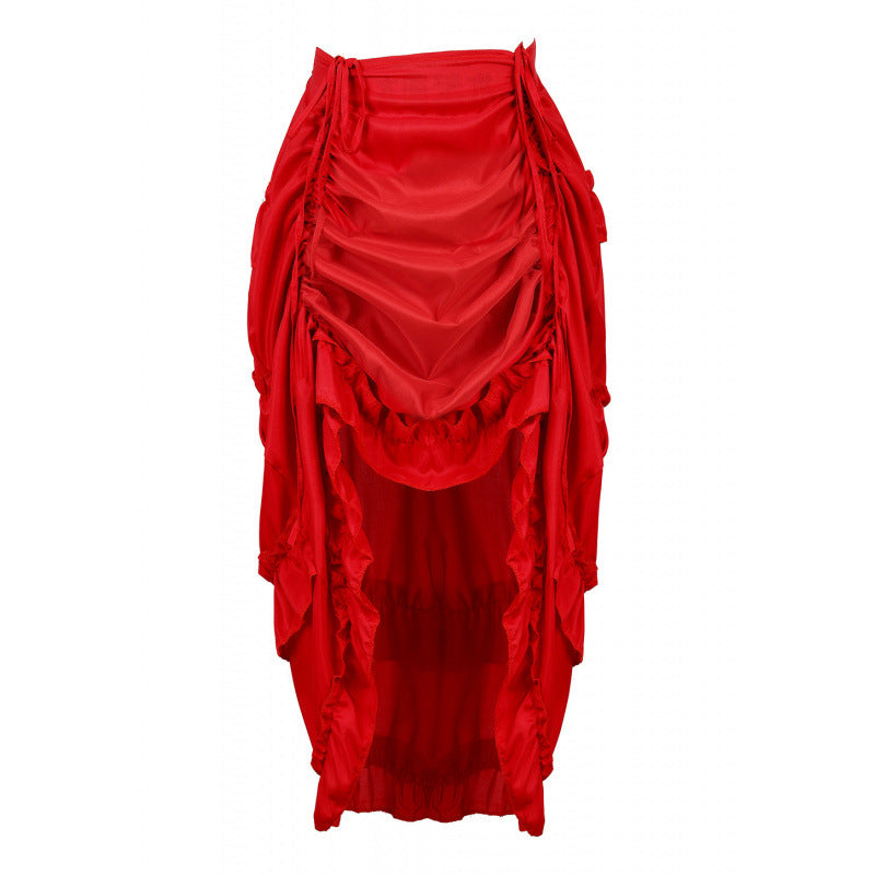 Ruched Cascade Ruffle High Low Midi Skirt - Red