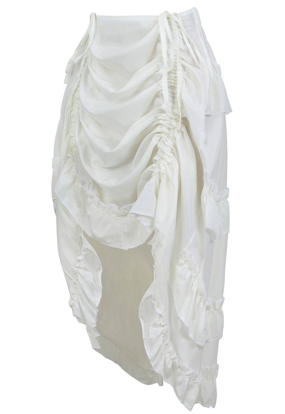 Ruched Cascade Ruffle High Low Midi Skirt - White