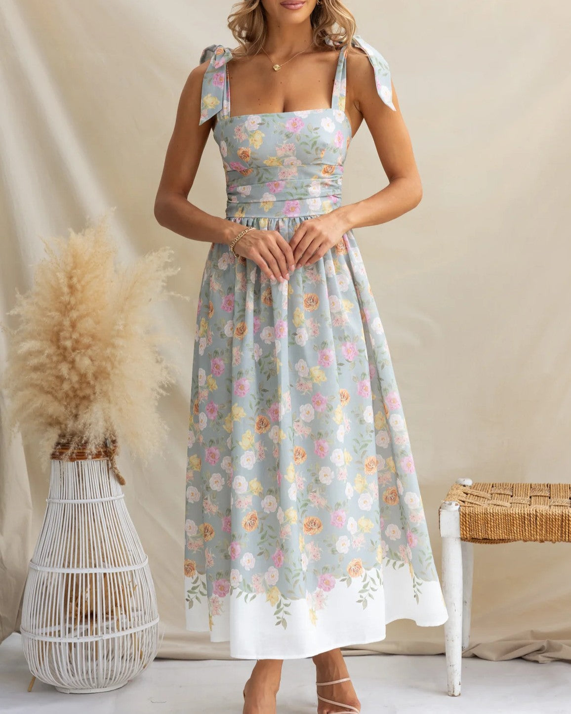 Tie Strap Floral Border Print Maxi Dress - Gray
