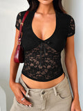 Sheer Lace Short Sleeve Crop Top - Black