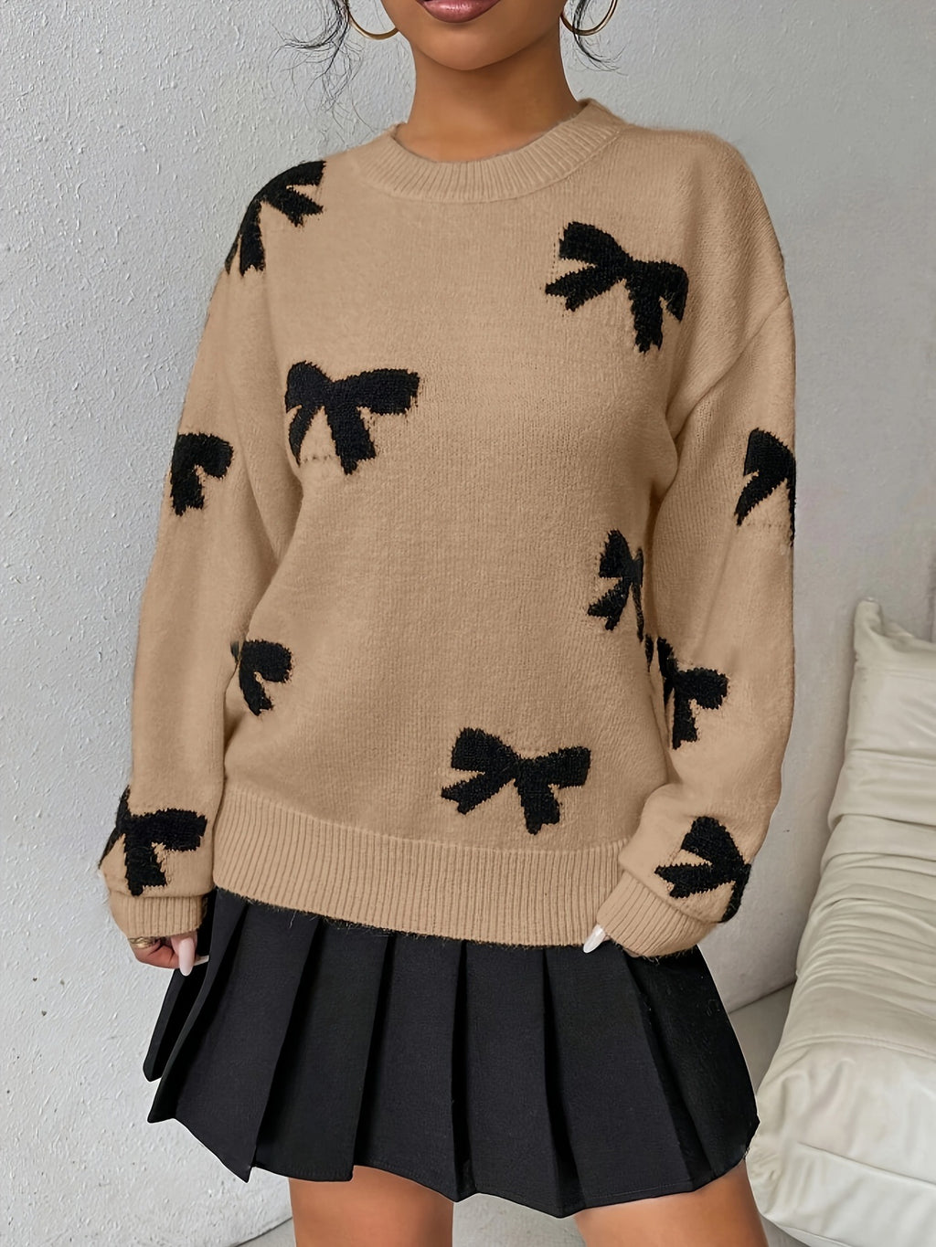 Bow Print Drop Shoulder Knit Sweater - Khaki - 1