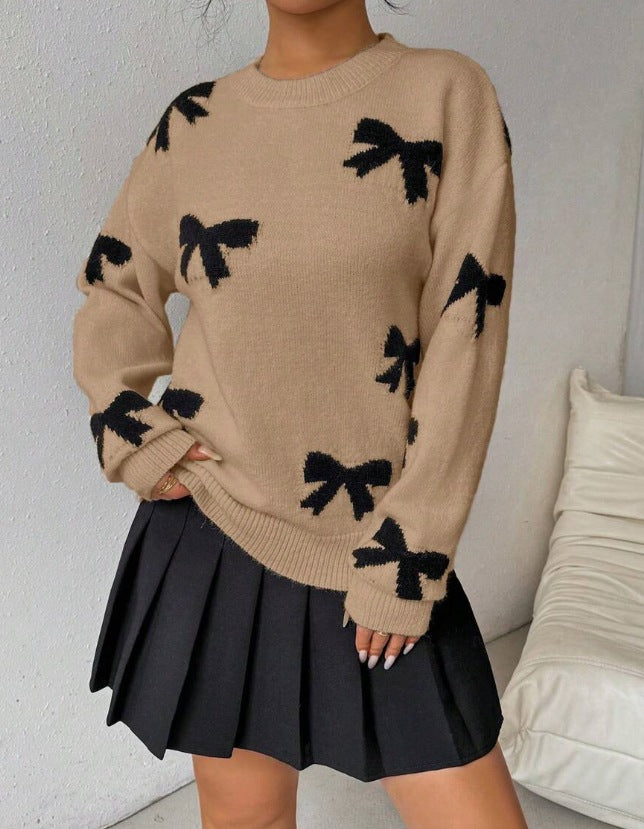 Bow Print Drop Shoulder Knit Sweater - Khaki - 2