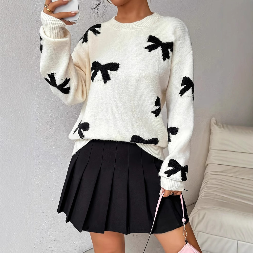 Bow Print Drop Shoulder Knit Sweater - White