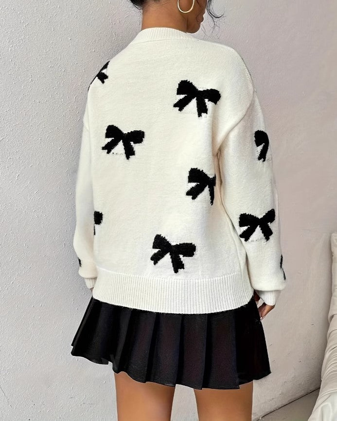 Bow Print Drop Shoulder Knit Sweater - White - 2