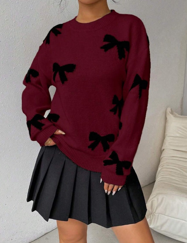 Bow Print Drop Shoulder Knit Sweater - WineRed