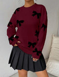 Bow Print Drop Shoulder Knit Sweater - WineRed