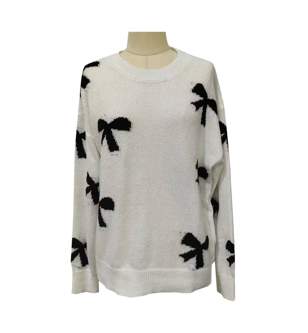 Bow Print Drop Shoulder Knit Sweater
