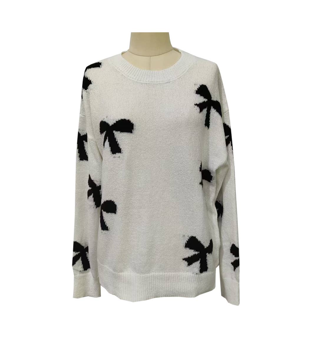 Bow Print Drop Shoulder Knit Sweater