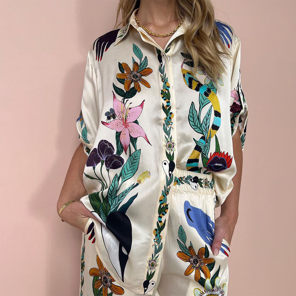 Floral Bird Print Shirt And Trouser Set - Apricot