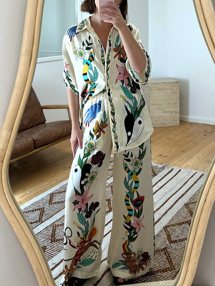 Floral Bird Print Shirt And Trouser Set - Apricot - 2