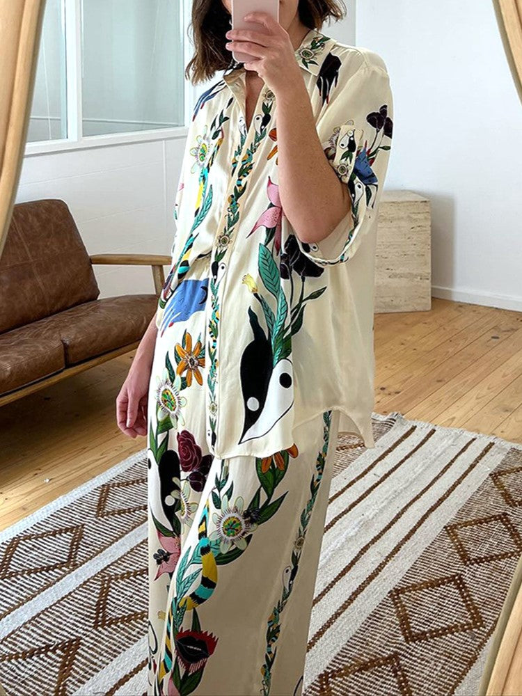 Floral Bird Print Shirt And Trouser Set - Apricot - 3
